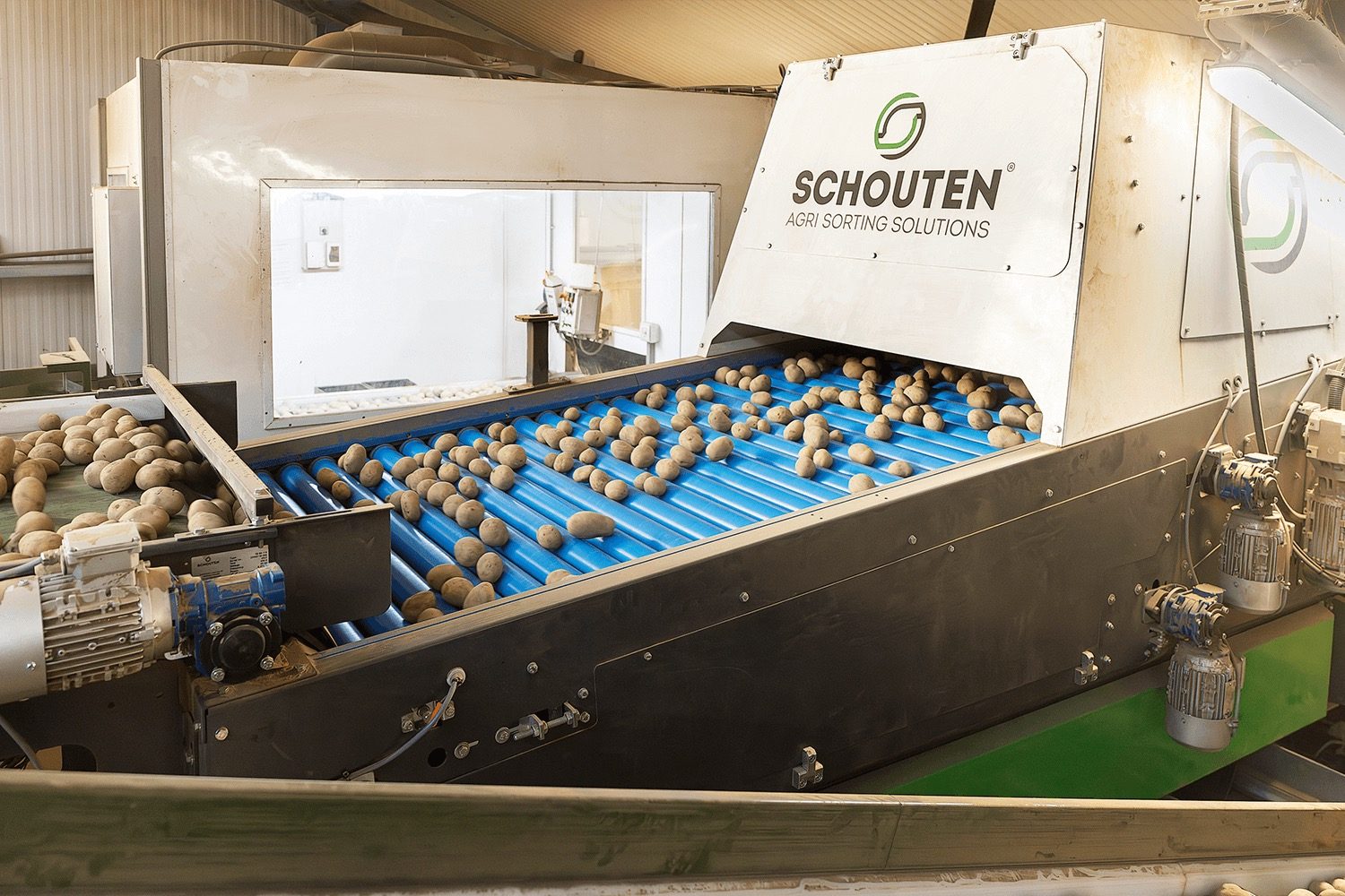 Sorteermachine van Schouten met aardappelen op de rollenbaan