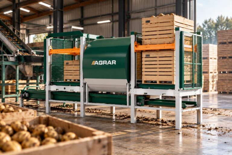 Nieuwe Agrar-machine voor kistenverwerking in een hal met kisten aardappelen