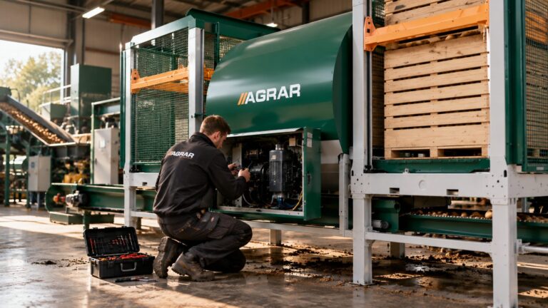 Monteur voert onderhoud uit aan een Agrar-machine
